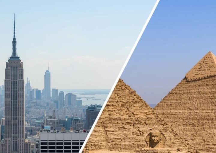 A split-frame image showing New York’s modern skyline with a red X contrasted against Cairo’s pyramids with a green check mark, symbolizing the shift of offshoring from the US to Egypt.