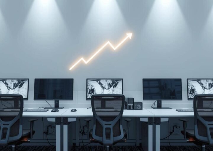 A row of modern workstations with ergonomic chairs and monitors in a seat hosting facility, featuring an upward arrow symbolizing growth.