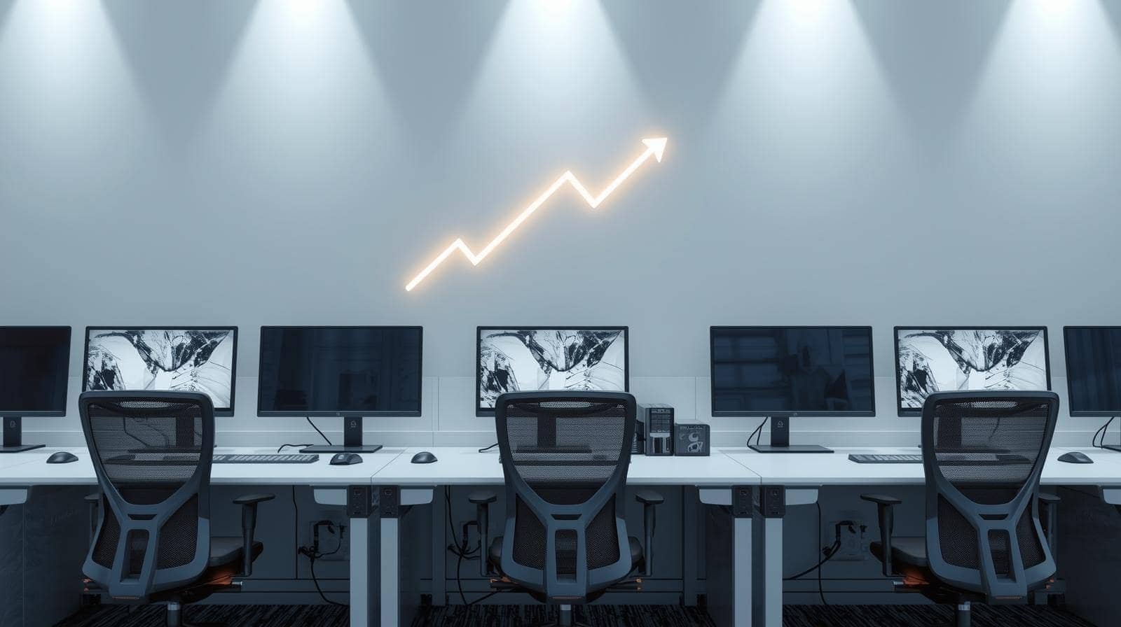 A row of modern workstations with ergonomic chairs and monitors in a seat hosting facility, featuring an upward arrow symbolizing growth.