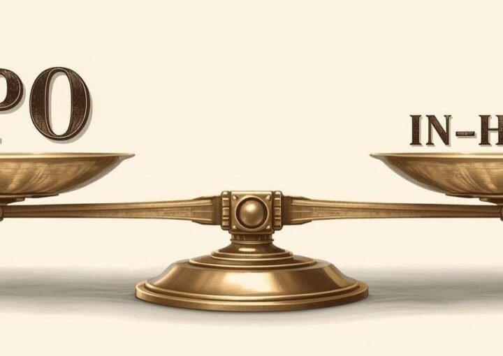 Illustration of a scale comparing BPO on one side and In-House on the other, symbolizing the pros and cons of outsourcing vs internal teams.