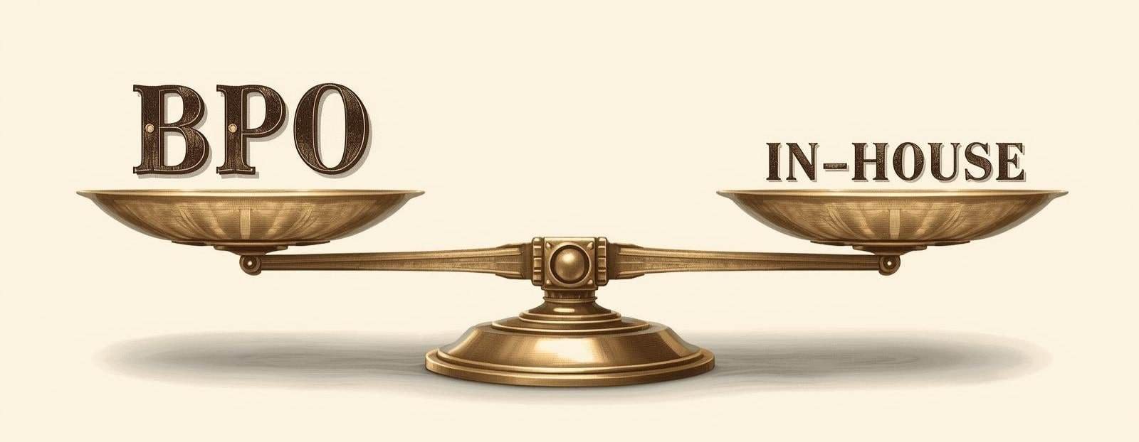 Illustration of a scale comparing BPO on one side and In-House on the other, symbolizing the pros and cons of outsourcing vs internal teams.
