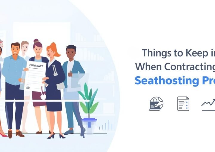 A modern flat digital illustration showing a diverse group of professionals reviewing a Seat Hosting contract. Ideal for articles about Seat Hosting providers, outsourcing, and workspace solutions.