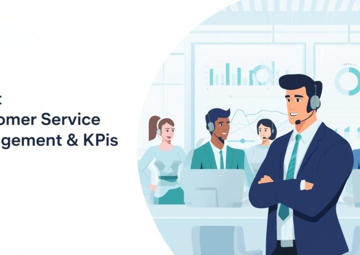 Modern corporate illustration of a diverse customer service team with a manager guiding agents wearing headsets, and KPI dashboards showing CSAT, NPS, AHT, and FCR metrics in Skybound’s brand colors.