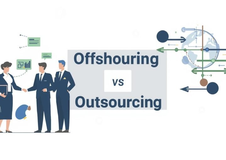 Modern corporate illustration showing outsourcing as local business collaboration and offshoring as global expansion with arrows across a world map.