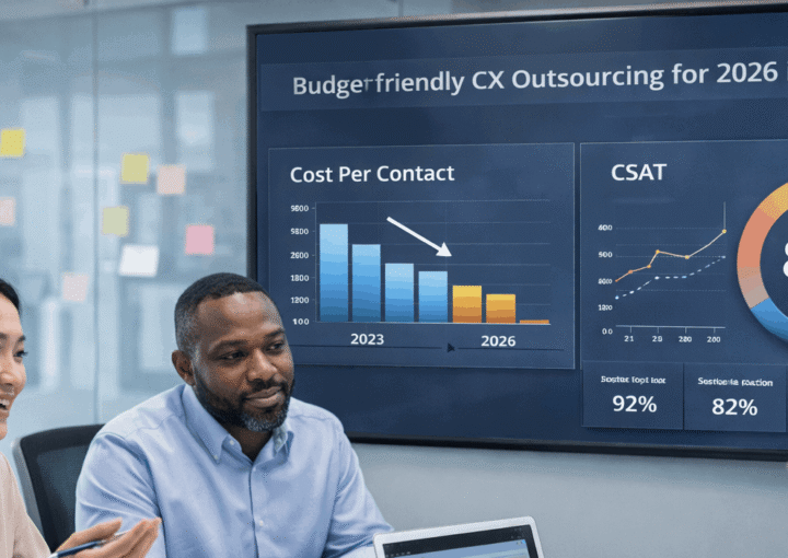Budget-friendly CX outsourcing dashboard showing costs and CSAT in a call center operations room.