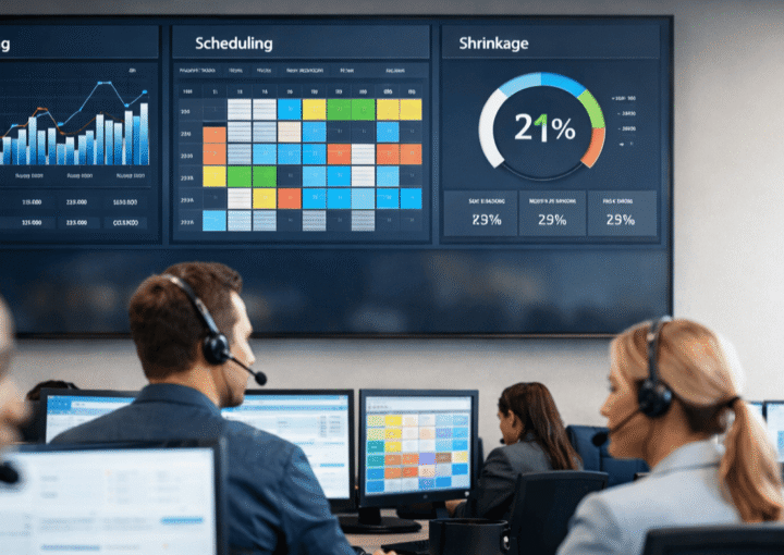Call center workforce management dashboard showing forecasting, scheduling, and shrinkage metrics in a US support operations room.
